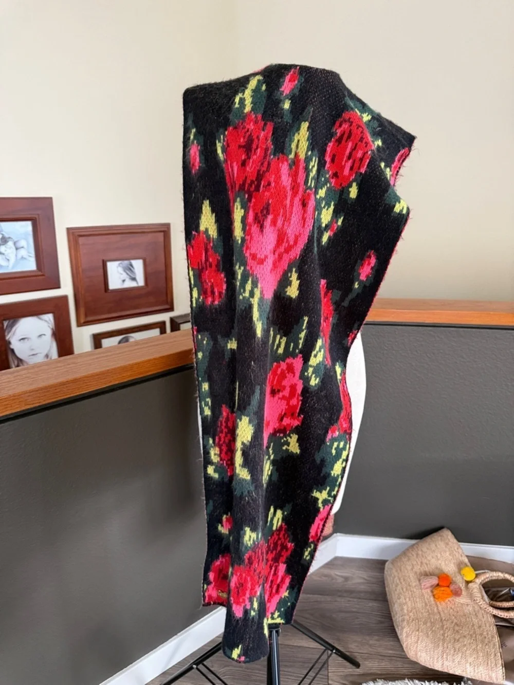 Betsey Johnson Black Knit scarf with Red and Pink Floral Print NWT